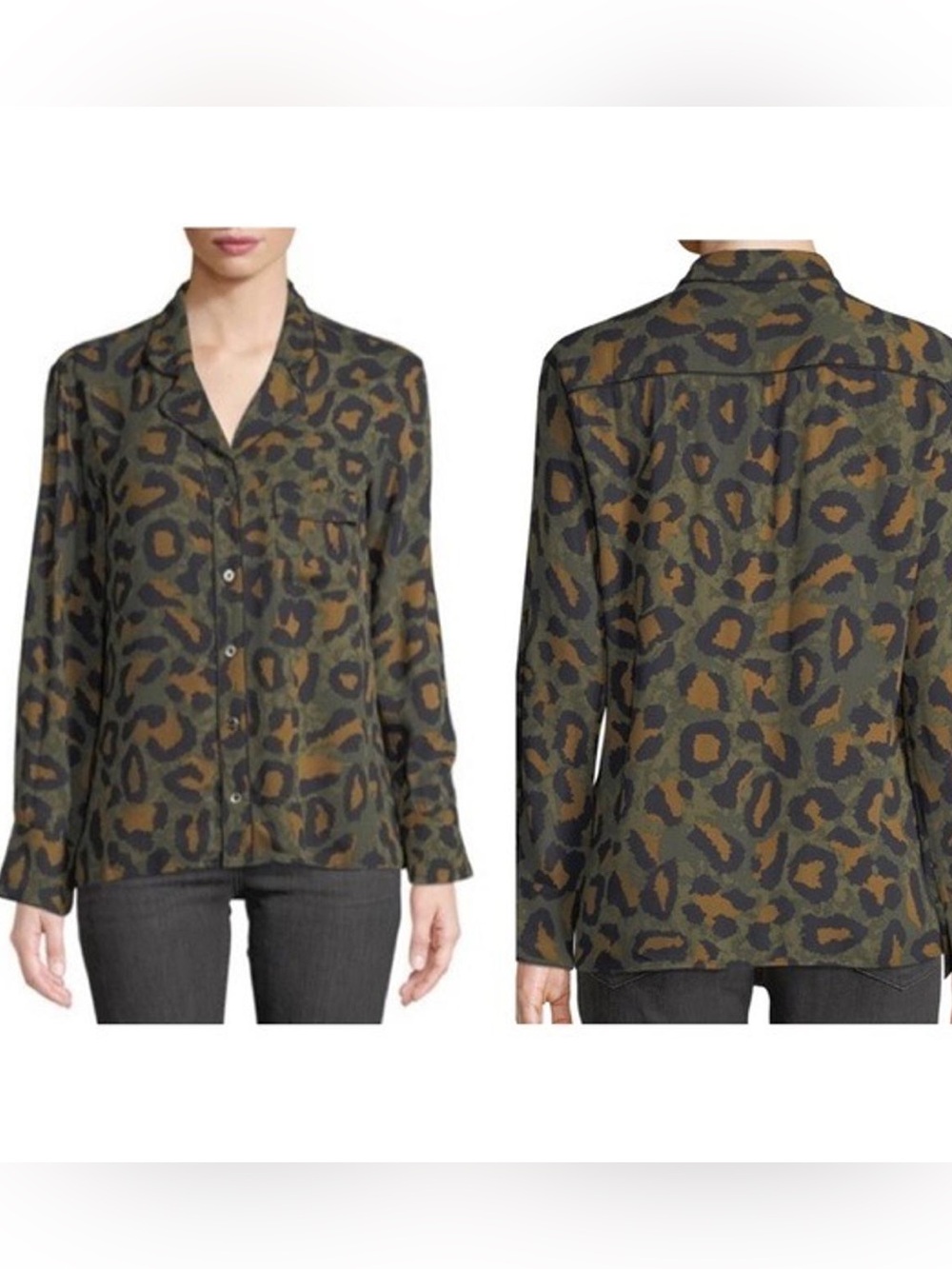 Zadig & Voltaire Shirt Womens Small Green Leopard Print Button Up Collared Top